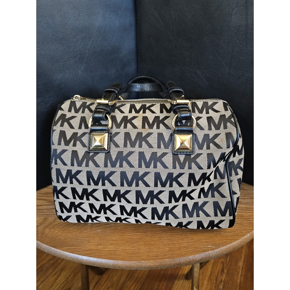 Michael Kors MK Signature Jacquard Satchel Black Beige Gold Hardware Handbag